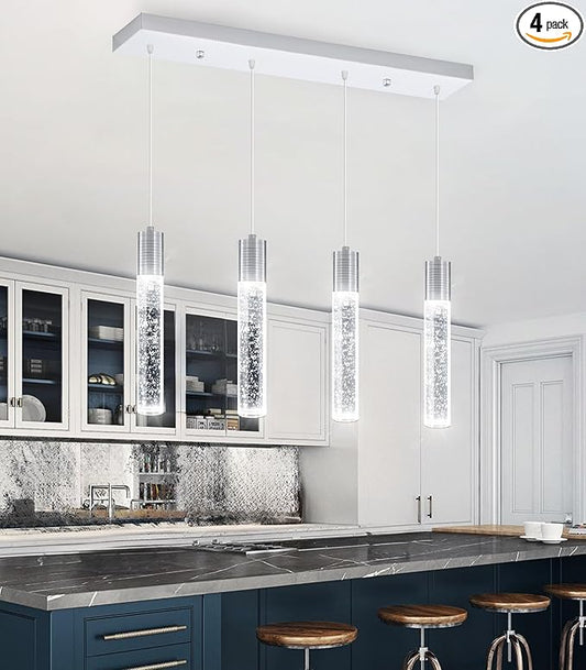 4-Lights Mini Crystal Pendant Light for Kitchen Island, Modern Led Crystal Chandelier for Dining Room Living Room 6000K