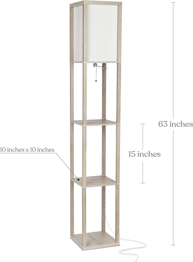 Brightech Maxwell - Modern Shelf Floor Lamp with Lamp Shade and LED Bulb - Coner Display Floor Lamps with Shelves for Living Room, Bedroom and Office - Rustic Wood