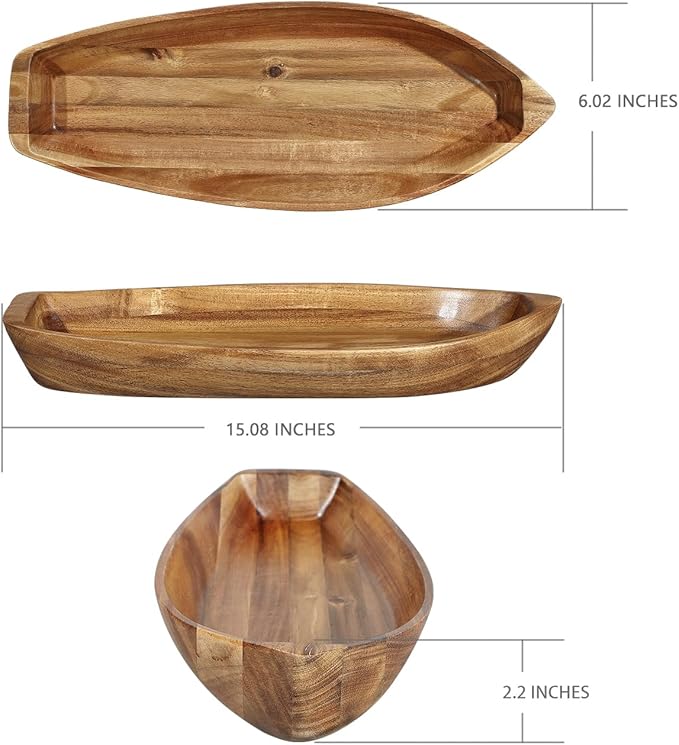 Lucky Boat Serving Tray, Acacia Solid Wood Boat Shape Plate for Serving Desserts, Fruit, Snack and Seafood or House Ornament,Key Tray,Functional and Storage Decorative Bowl。 (L)