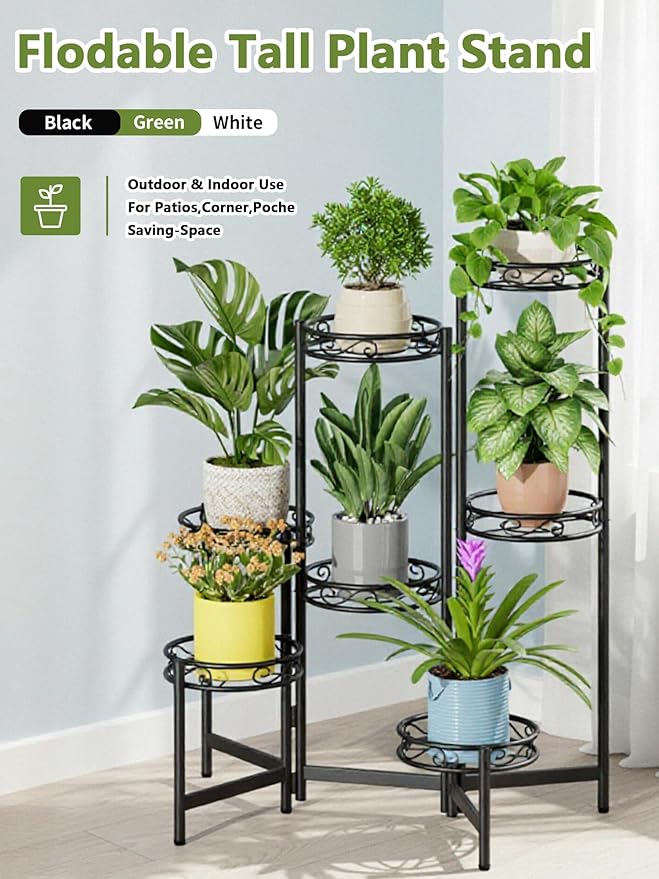 7 Tier Plant Stand, Tall Metal Wrought Iron Plant Shelf Holder for Indoor, Outdoor Folding Tall Display Rack Flower Pot Stand for Corner Living Room Balcony Garden Patio - BlackCircle