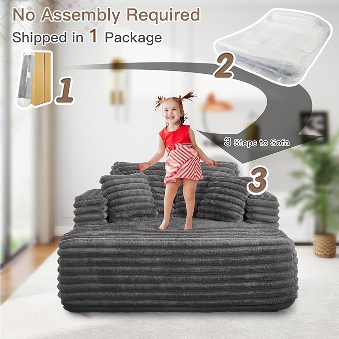 56"W Oversized Chaise Lounge Chair Indoor,Plush Faux Fur Sleeper Sofa Couch Bed with Pillows&Wide Armrest,Fluffy Comfy Cloud Sofa,Compression Foam Boneless Couch for Living Room,Bedroom(Grey)