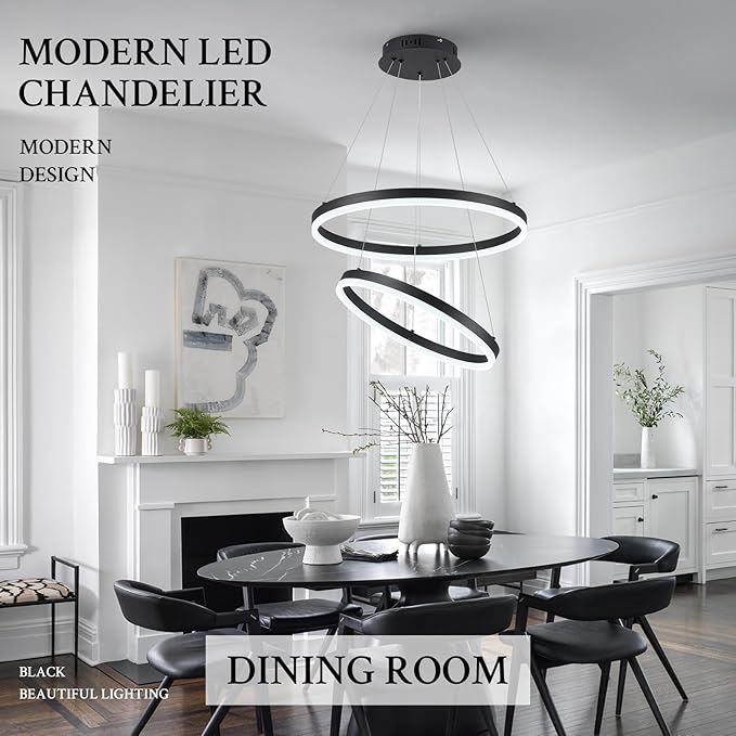 Modern LED Chandelier Black 2-Rings Pendant Light Circular Flush Mount Ceiling Chandelier Lighting with Remote Control for Bedroom Living Room Dining Room Entrance, 3000K-6500K