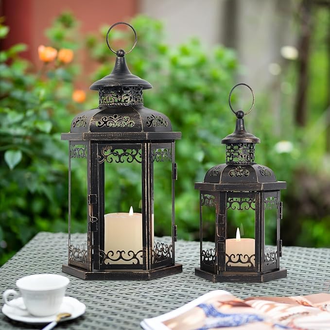 DECORKEY Large Lantern Decorative Outdoor & Indoor, Set of 2 (15’’&11’’) Metal Candle Lanterns Decor, Vintage Hanging Candle Holder for Front Porch Patio Wedding Farmhouse Home, Spring Decoration