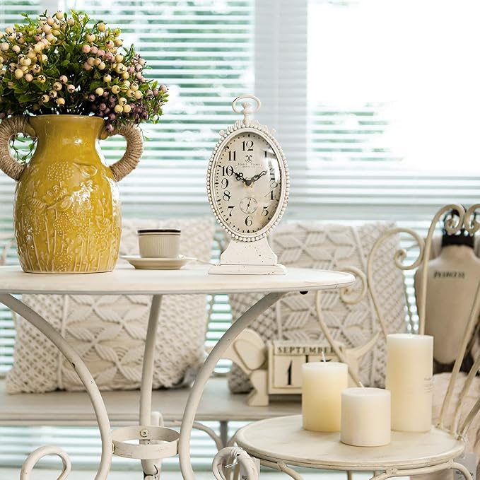 NIKKY HOME Vintage Table Clock, Battery Operated Rustic Distressed Style, Shabby Chic Home Décor for Fireplace Mantel, Shelf, Desktop, Countertop - White