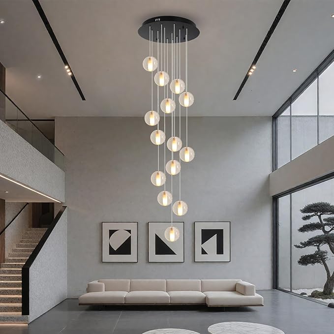 14 Lights Black Staircase Chandelier for High Ceiling, Dimmable Modern Crystal Raindrop Large Long Hanging Pendant Light for Stairwell Living Room Stair Foyer, Bulbs Included
