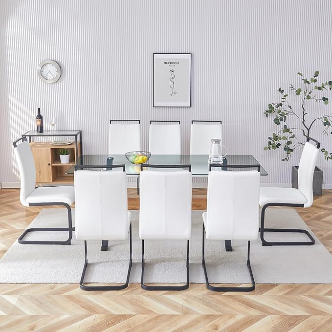 9 Piece Glass Dining Table Set, Kitchen Table Chairs Set for 8, 71'' Dining Table with 0.4" Tempered Glass Tabletop with Plated Metal Legs and MDF Crossbar, 8 PU Chairs for Dining Room, Kitchen.