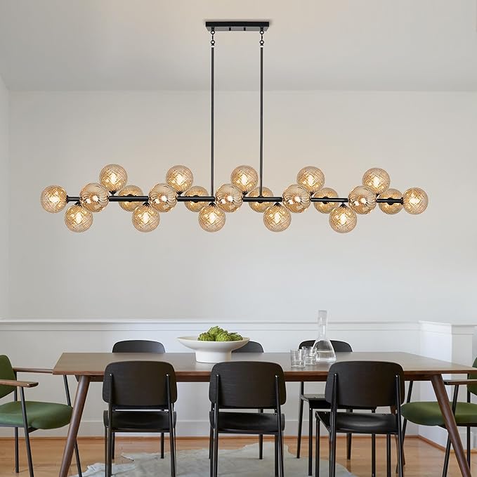 Modern Linear Chandelier 22-Lights Linear Sputnik Chandelier with Amber Striped Glass Shade 70 Inch Long Chandeliers for Dining Room, Living Room, Kitchen Island, Farmhouse