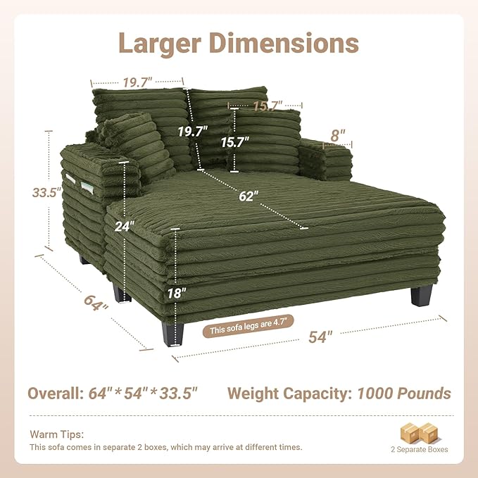 Chaise Lounge Chair Indoor, Amsleekey 64" Oversized Sleeper Chair with Wood Frame, Upholstered Sofa Bed for Living Room, Movie Room, Bedroom with 4 Storage Pockets&2 Cup Holders(Plush Corduroy, Green)