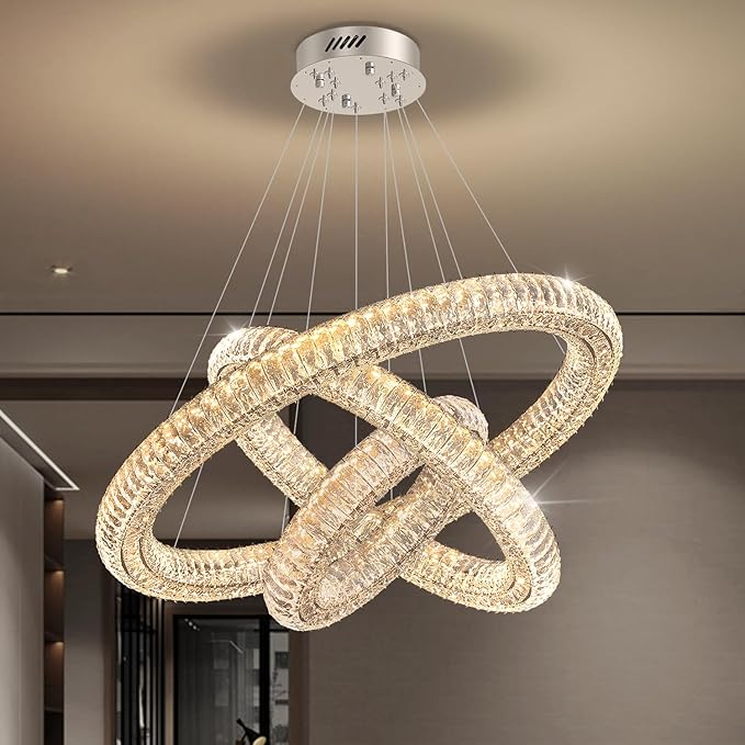 3 Rings Silver Crystal Chandeliers for Living Room High Ceiling Chandeliers for Foyer LED Dimmable3000-6000K D32''+D24''+D16''