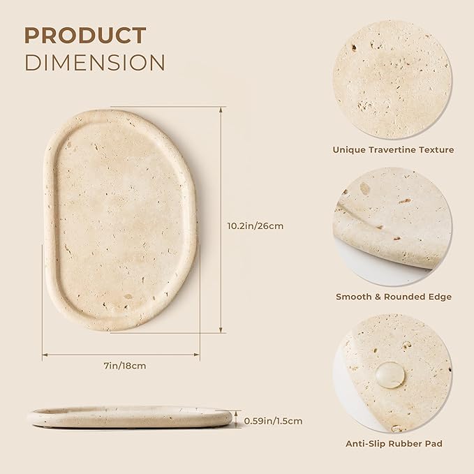 Natural Travertine Tray,Marble Ring Dish for Bathroom,Special-Shaped Jewelry Tray,Dressing Table, Bedside Table,Home Decor,Beige Large (NS030)