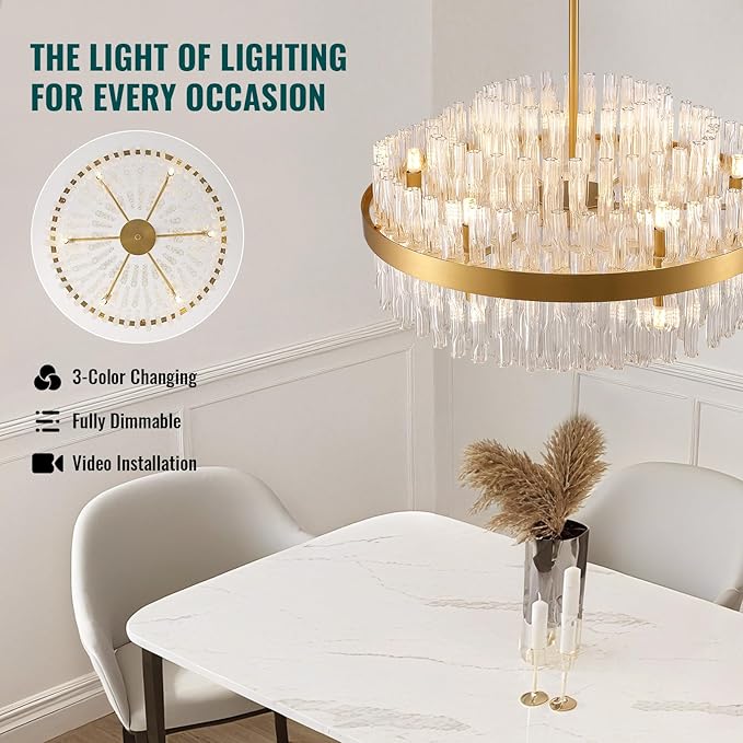 Siljoy 12 Lights Gold Crystal Chandelier for Dining Room, 23.6'' Modern 3-Tiers Raindrop Chandelier with Wave Curved Glass Rods, Luxury Dimmable Crystal Ceiling Light for Living Dining Room Kitchen