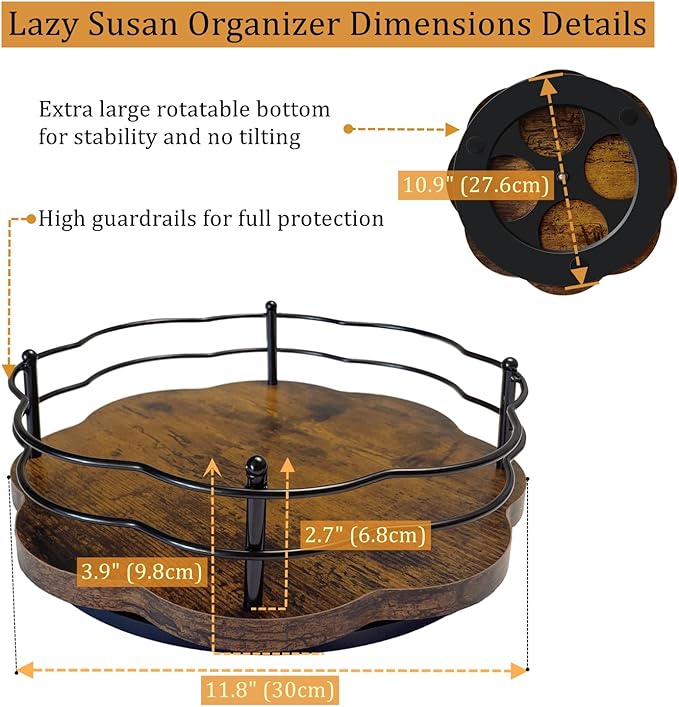 12" Lazy Susan Turntable Organizer with Higher Metal Sides, Wooden Lazy Susan Spice Rack Organization and Storage for Cabinet,Kitchen,Countertop,Table Top,Dining Table,Coffee Bar Decor
