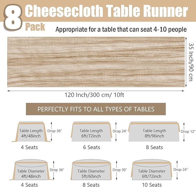 8 Pack Cheesecloth Table Runner 35x120 Inches Beige Boho Gauze Rustic Cheese Cloth Runners 10ft Long Romantic Sheer Table Runner for Wedding Bridal Baby Shower Party Christmas Table Decor
