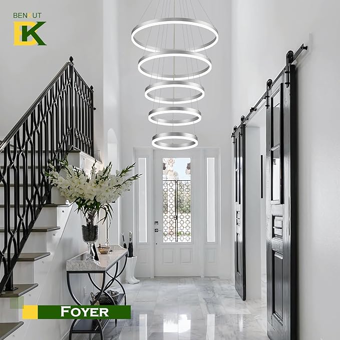 5-Rings Modern LED Chandelier Silver High Ceiling Chandelier with Remote Control Dimmable Pendant Lighting for Dining Room Foyer Living Room Entryway Staircase(3000K-6500K, D23.6’’)