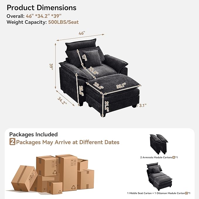 46''Cloud Oversized Sofa Chair with Detachable Headrest, Upholstered Comfy Arm Accent Chair with Ottoman,Modern Chenille Reading Lounge Armchair for Living Room,Bedroom, Dark Grey