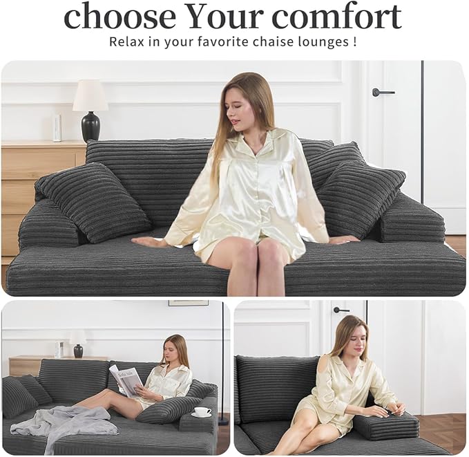 Chaise Lounge Chair, Sofa Couches for Living Room, Oversized Upholstered Sleeper Indoor, Cloud Sofa Bed Indoor Deep Seat, No Assembly Required Corduroy, Double Seat Gray