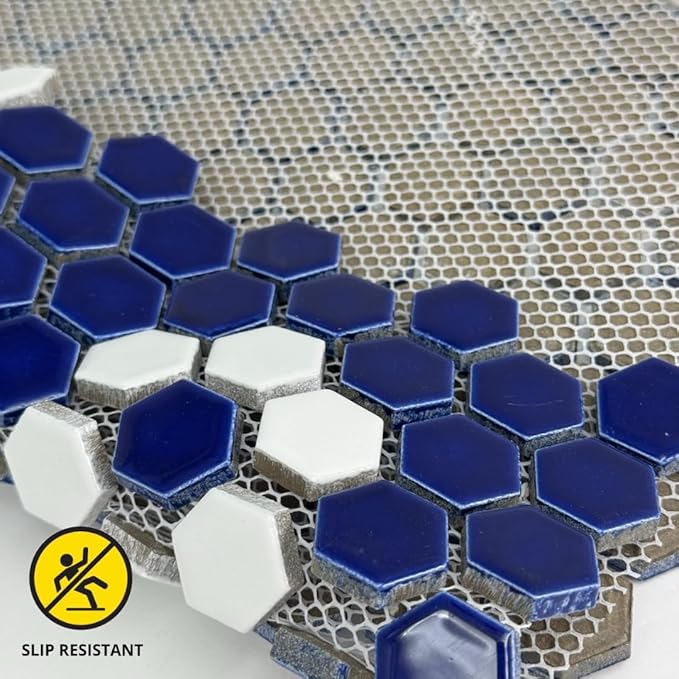 Tenedos Hexagon Glossy Cobalt Blue Flower Porcelain Mosaic Tile – Kitchen Backsplash, Bathroom Wall & Shower Floor Tile (5 Sheets)