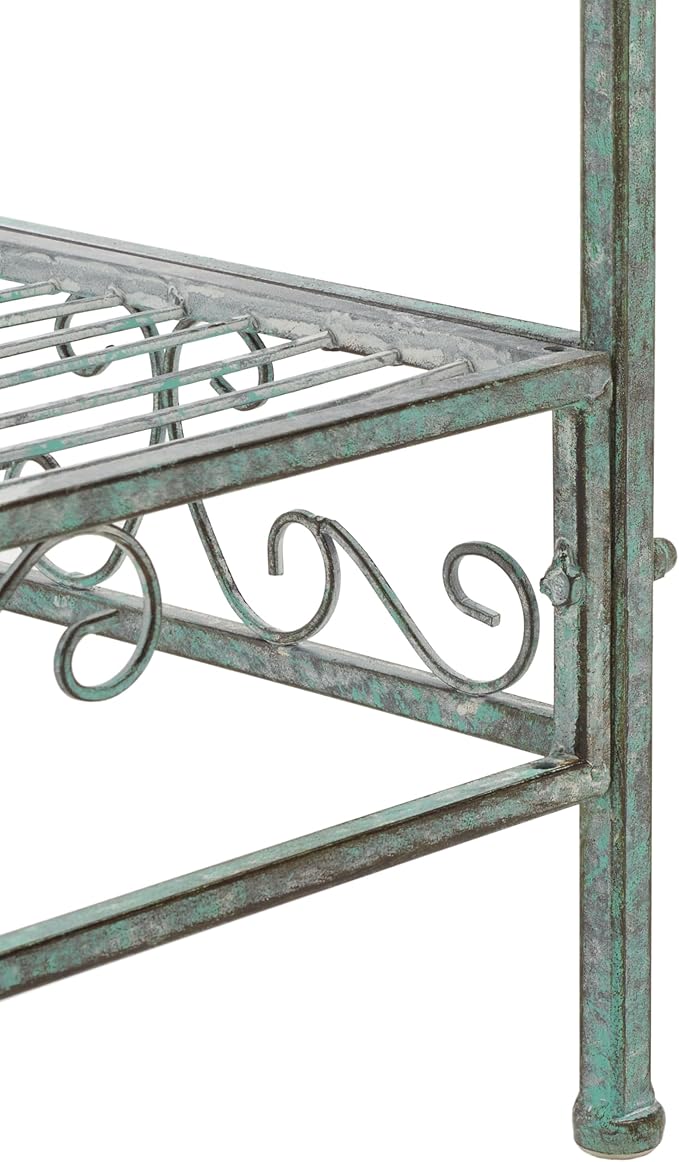 SAFAVIEH Outdoor Collection Noreen Victorian Scroll Antique Dark Green Wrought Iron 3-Tier Shelf