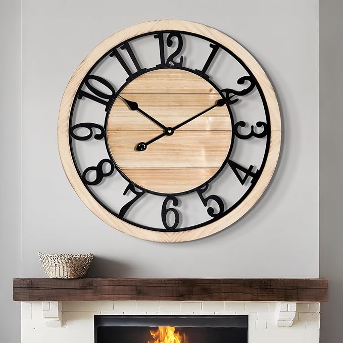 LEIKE 24 Inch Large Wall Clock - Rustic Wooden Silent Non-Ticking Wall Clock with Black Metal Frame, Vintage Farmhouse Decorative for Living Room, Bedroom, Kitchen - Arabic Numerals, Modern Design
