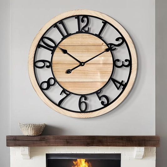 LEIKE 24 Inch Large Wall Clock - Rustic Wooden Silent Non-Ticking Wall Clock with Black Metal Frame, Vintage Farmhouse Decorative for Living Room, Bedroom, Kitchen - Arabic Numerals, Modern Design