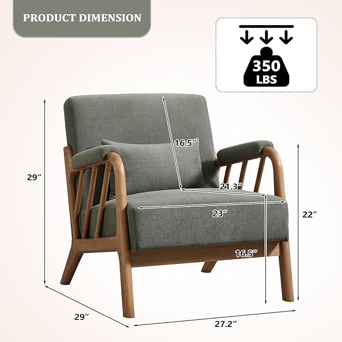 ANJ Mid Century Modern Accent Chair，Living Room Chairs with Wood Frame &Lumbar Pillow, Upholstered Reading Armchair for Bedroom