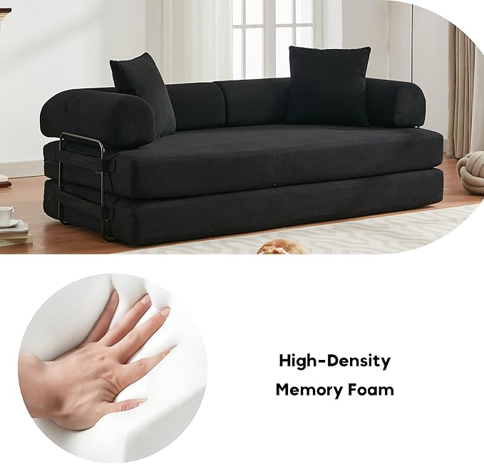 Convertible Sleeper Sofa Bed with Cylindrical Pillow, Corduroy Folding Mattress Couch with Fixed-Shape Frame, Floor Sofa Lounge Couch for Living Room Bedroom Lounge Studio-Black