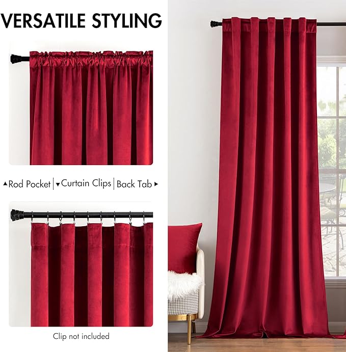 MIULEE Velvet Curtains Luxury Blackout Curtains for Bedroom Living Room Thermal Insulated Super Soft Window Drapes Rod Pocket & Back Tab Christmas Decor, Red, W52 x L72 inches, 2 Panels