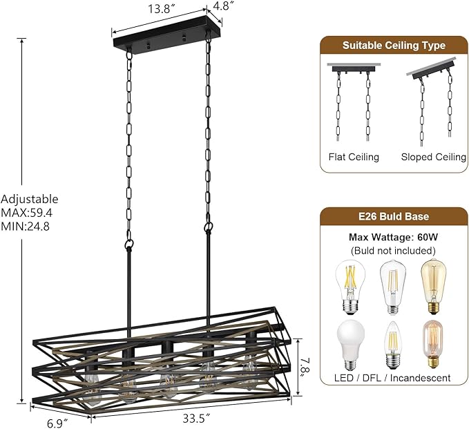 33.5''Farmhouse Dining Room Light Fixture,5-Light Kitchen Island Lighting,Industrial Chandelier for Dining Room Over Table Kitchen,Large Linear Chandelier with Retro Wood Texture Interior