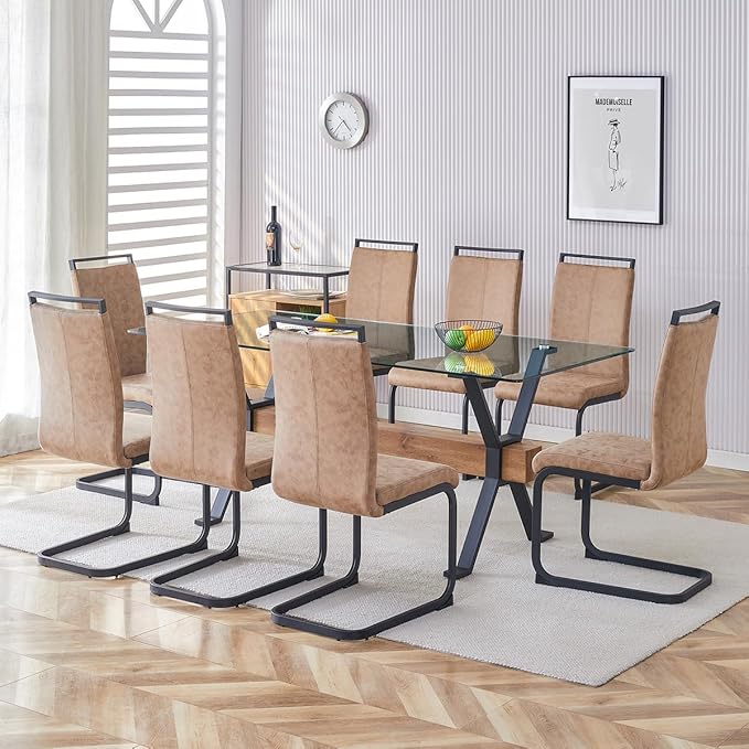 9 Piece Glass Dining Table Set, Kitchen Table Chairs Set for 8, 71'' Dining Table with 0.4" Tempered Glass Tabletop with Plated Metal Legs and MDF Crossbar, 8 PU Chairs for Dining Room, Kitchen.