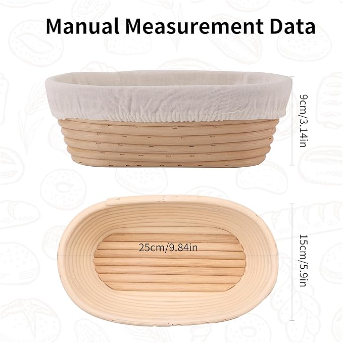9.8 Inch Banneton Bread Proofing Basket Oval Sourdough Bread Basket Handmade Natural Brown Rattan Baking Bowls with Liner for Professional & Home Bread Baking Supplies