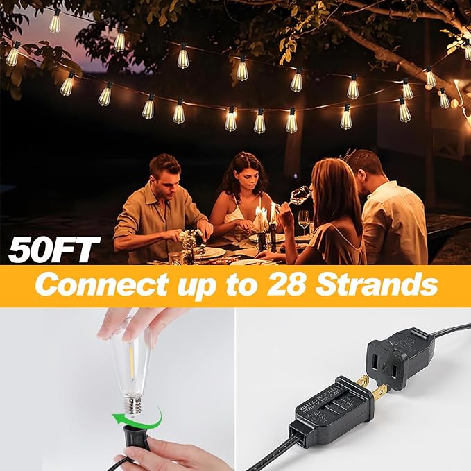 50 FT Outdoor String Lights with 27 Shatterproof Waterproof LED Edison Bulbs Connectable Hanging Patio Lights for Backyard Deck Party