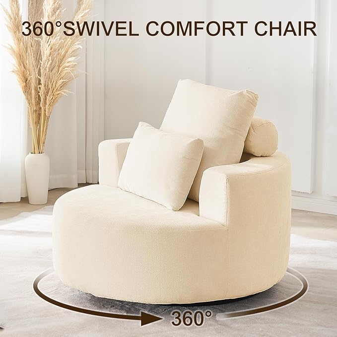 Furnimart 40" Oversized Barrel Accent Chair Set of 2, 360° Swivel Round Upholstered Sofa, Chenille High-Resilience Sponge, No Assembly, Wide Seat for Living Room, Bedroom, Apartment (Beige)