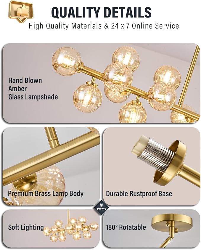 Glass Globe Sputnik Chandelier, 16-Light Mid Century Modern Light Fixture Over Table, Linear Chandeliers for Dining Room, Kitchen Island, Brass Gold and Amber Bubble, 40 Inch, GC-02