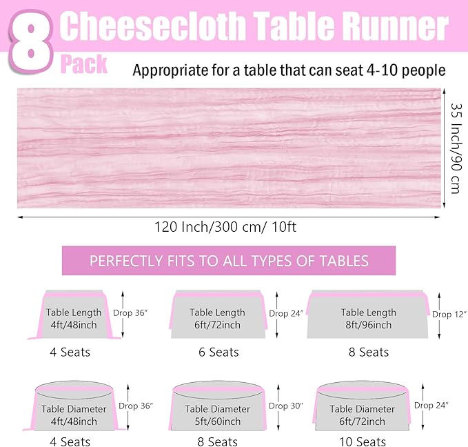 8 Pack Light Pink Easter Cheesecloth Table Runner 35x120 Inches 10ft Boho Gauze Cheese Cloth Runners, Long Romantic Sheer Table Runner Table Cloht for Wedding Bridal Shower Party Table Decor