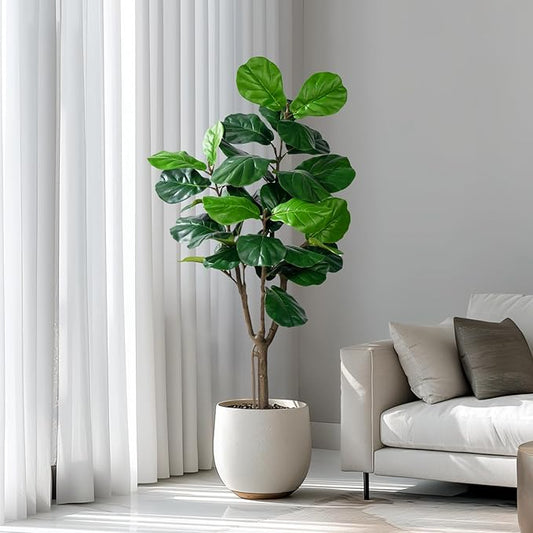 Artificial Fiddle Leaf Tree-5ft Faux Plant Fake Ficus Lyrata Tree Artificial Fig Silk Trees with Pot Floor Plants for Home Living Room Decor Indoor