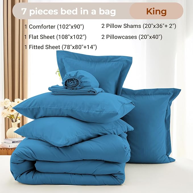 MUXHOMO 7 Pieces King Comforter Set, Soft Bed in a Bag King Size, All Season Bedding Set with Comforter, Flat Sheet, Fitted Sheet, Pillowcases & Shams, Bluish Green