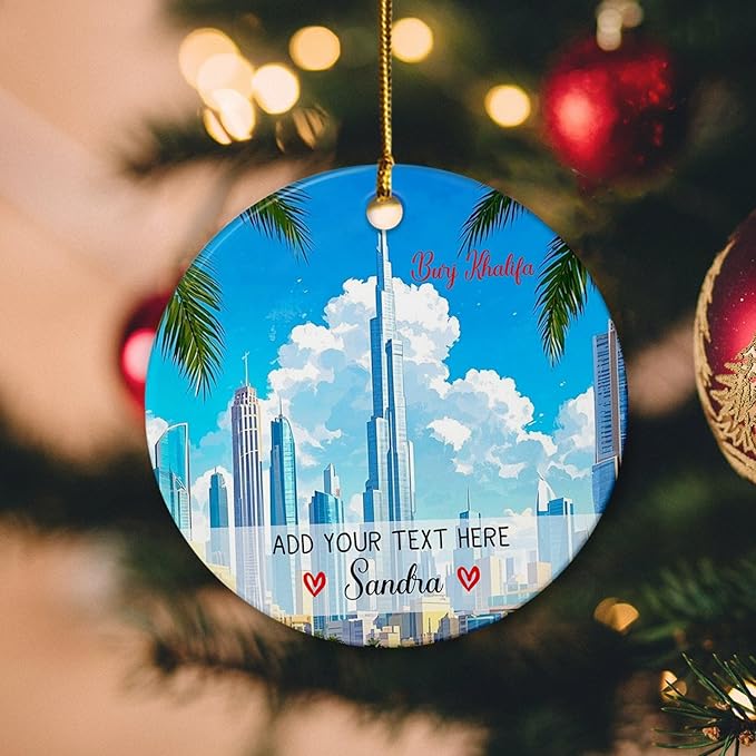 Burj Khalifa Ceramic Christmas Ornament Custom Text/Name, Personalized Burj Khalifa Tower Ornament Xmas Keepsake, Dubai Skyline Christmas Tree Hanging Ornaments, Dubai City in UAE Xmas Ornaments