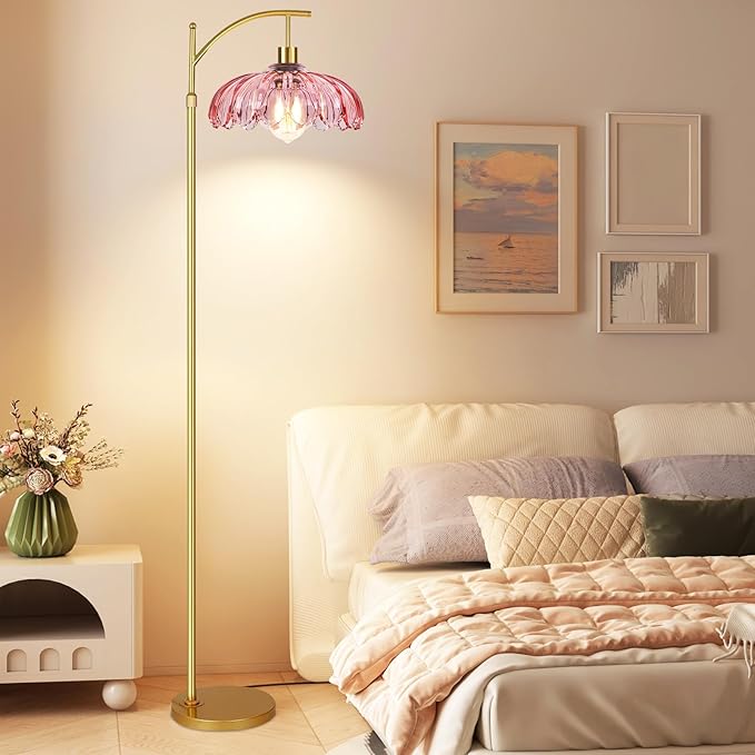 Floor Lamp for Living Room,Bedroom,Gold Dimmable Standing Lamp with Remote,Mid Century Modern Brass Tall Lamp Retro Vintage Pink Glass Lamp Floor Light Boho Bohemian