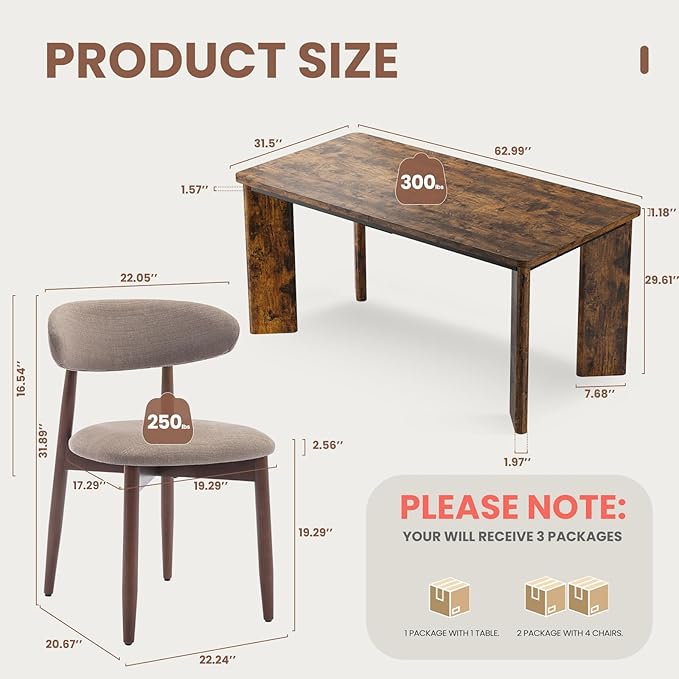 5-Piece Rectangular Dining Table Set for 4, 63" Industrial Kitchen Table with 4 Wooden Upholstered Dinner Chairs for Dining Room, Kitchen, Living Room, Brown+Camel
