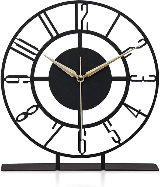 Metal Table Clock | 8.9 x 9.5 inch Size Round Silent Running Metal Black Clocks | Living Room and Bedside Suitable Table Decorations for Home and Office