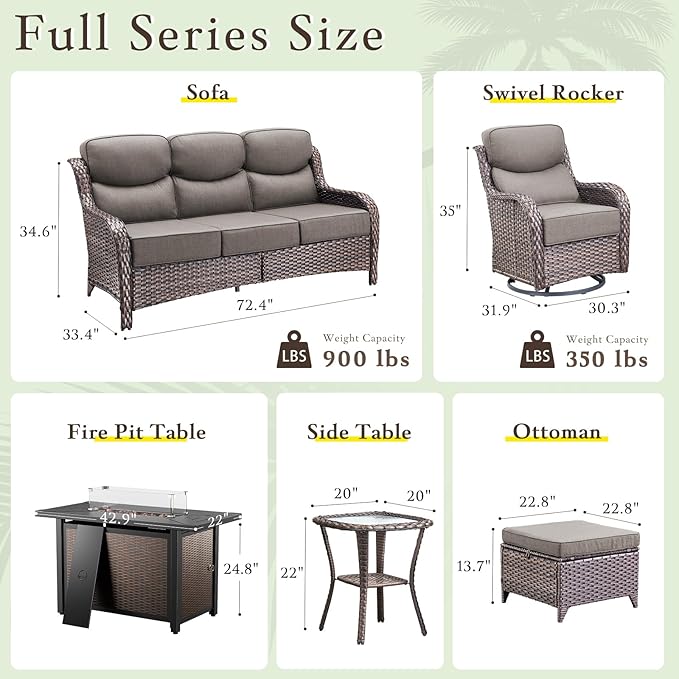 Luxury High Back Outdoor Furniture with 6-inch Extra Thick Cushions, Patio Furniture Set with Fire Pit Table & Swivel Chairs, 7 PCS Wicker Conversation Set for Yard, Deck, Poolside, Brown/Grey