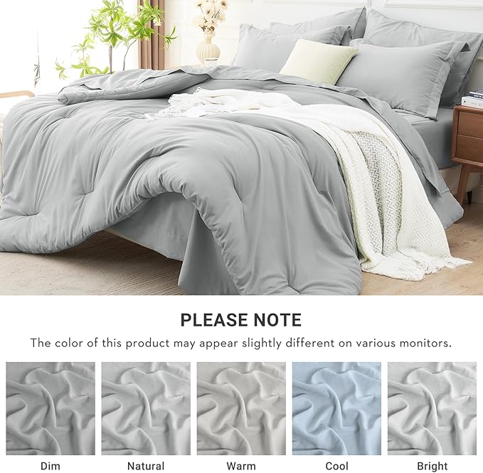 MUXHOMO 7 Pieces Full Comforter Set, Soft Bed in a Bag Full Size, All Season Bedding Set with Comforter, Flat Sheet, Fitted Sheet, Pillowcases & Shams, Light Grey