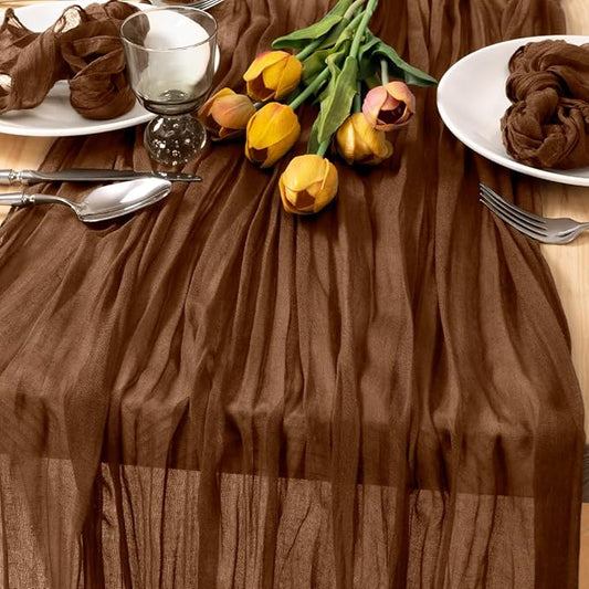 MLMC Brown Cheesecloth Table Runner 10ft Boho Rustic Gauze Coffee Cheese Cloth Table Runner Neutral Fall Centerpiece Decor 35x120 Inches for Wedding Farmhouse Reception Home Decor