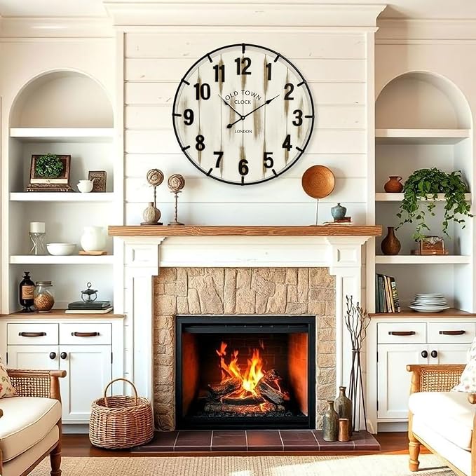 Farmhouse White 24 Inch Wooden Large Wall Clock, Silent Non-Ticking Quartz Movement, Battery Operated Modern Rustic Clock for Living Room, Kitchen, Office, Home Decor