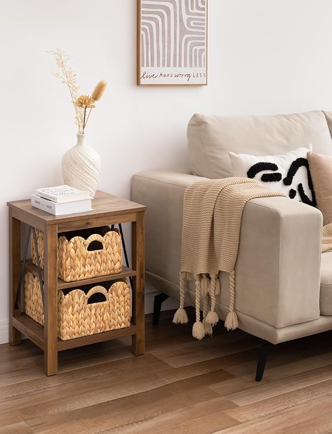 StorageWorks Scalloped Edge Wicker Basket, Hand-woven Rattan Baskets with Built-in Handles, Water Hyacinth Basket for Organizing and Decor, 2 Pack