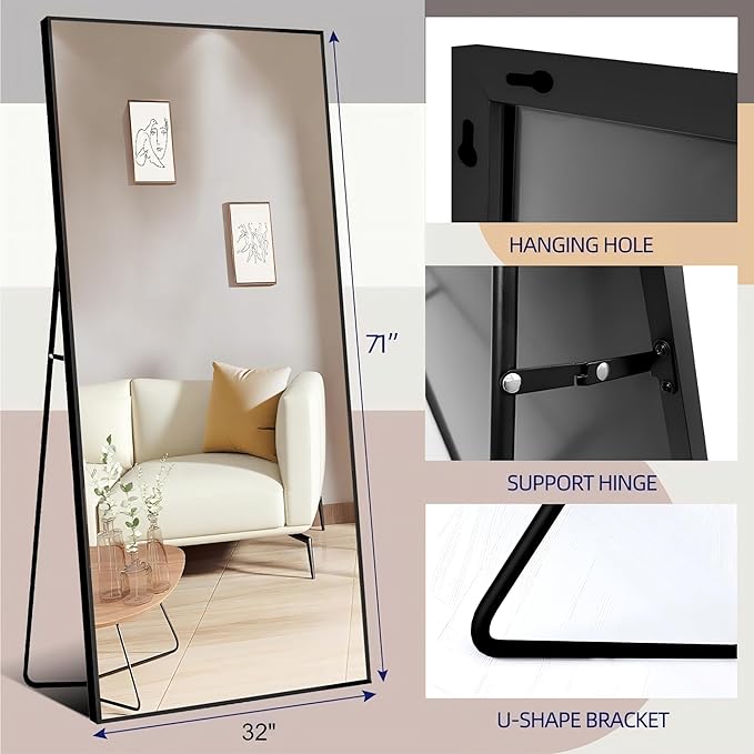 71"x32"Full Length Mirror with Stand,Black Large Mirror,Shatterproof Tempered Glass&Aluminum Alloy Frame,Freestanding Full Body Mirrorr for Bedroom,Living Room, Dressing Room