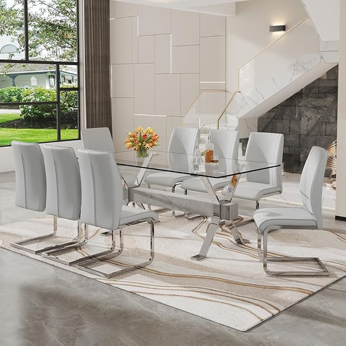 71'' Glass Dining Table Set for 8,9 Piece Dining Table Set with Tempered Glass Tabletop and Open‑Frame X‑Shaped Metal Base,Kitchen Table and Chairs Ideal for Dining Room&Home Office