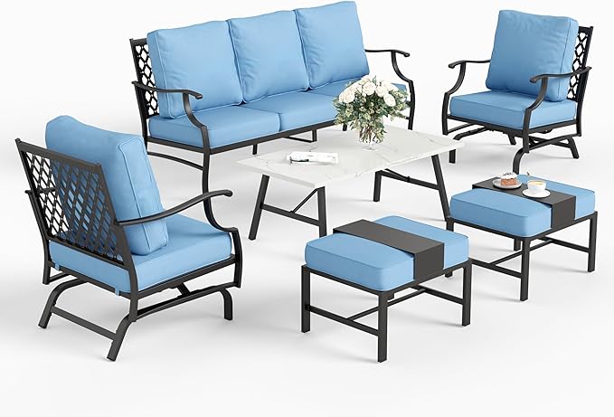 6 Piece Metal Outdoor Patio Furniture Set, Patio Conversation Set 1 3-seater Sofa, 2 Rocking Chair, 2 Ottomans with 5.75" Thick Cushion and Coffee Table, Black Backyard Furniture, Blue