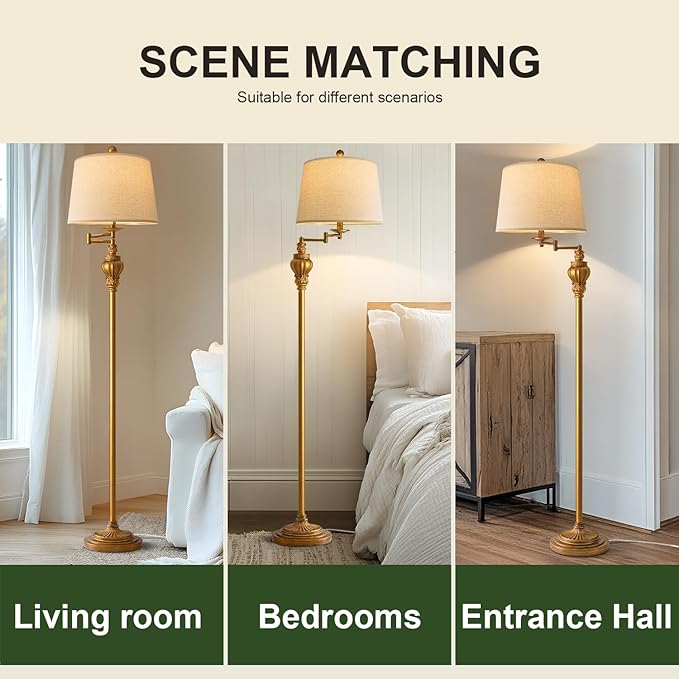 61" Vintage Floor Lamp with 350° Adjustable Swing Arm, Gold Standing Lamp for Bedroom Living Room Nightstand Bedside Retro Farmhouse Mid Century Lamp Light Home Décor Office Gifts