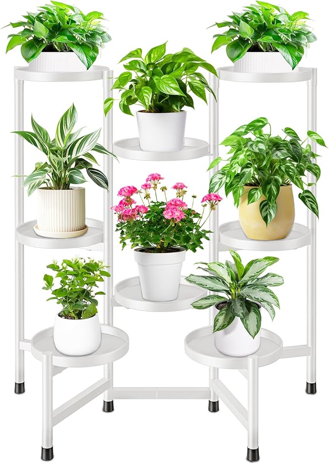 8 Tier Plant Stand Indoor Tall, Tiered Plant Stands Outdoor for Multiple Plants, Corner Metal Folding Flower Display Holders Rack Shelf for Living Room Balcony Garden, Cream White